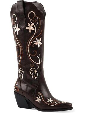 Women's Floral Embroidered Dark Brown Western Boots with Side Zipper for Concert